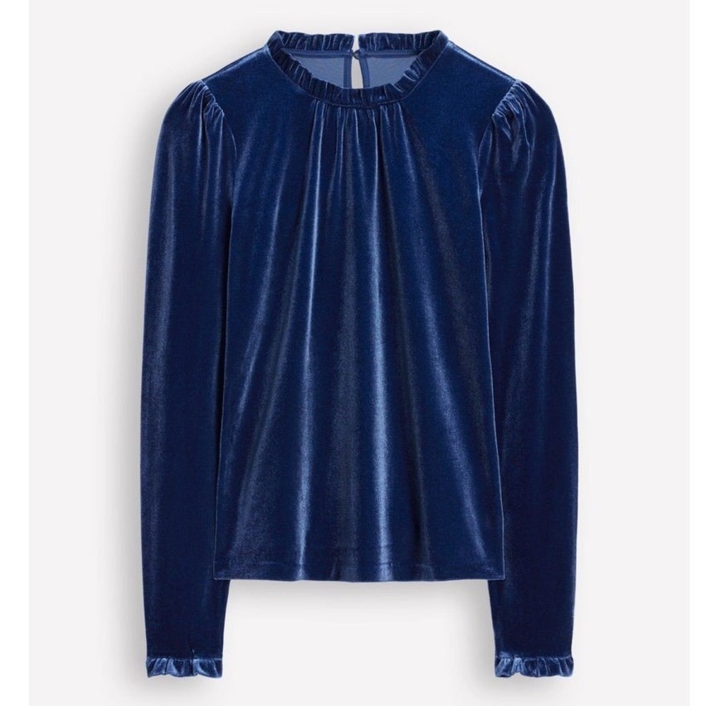 Boden Velvet Frill Neck Top 12 Blue Victorian Gothic Romantic Holiday Party